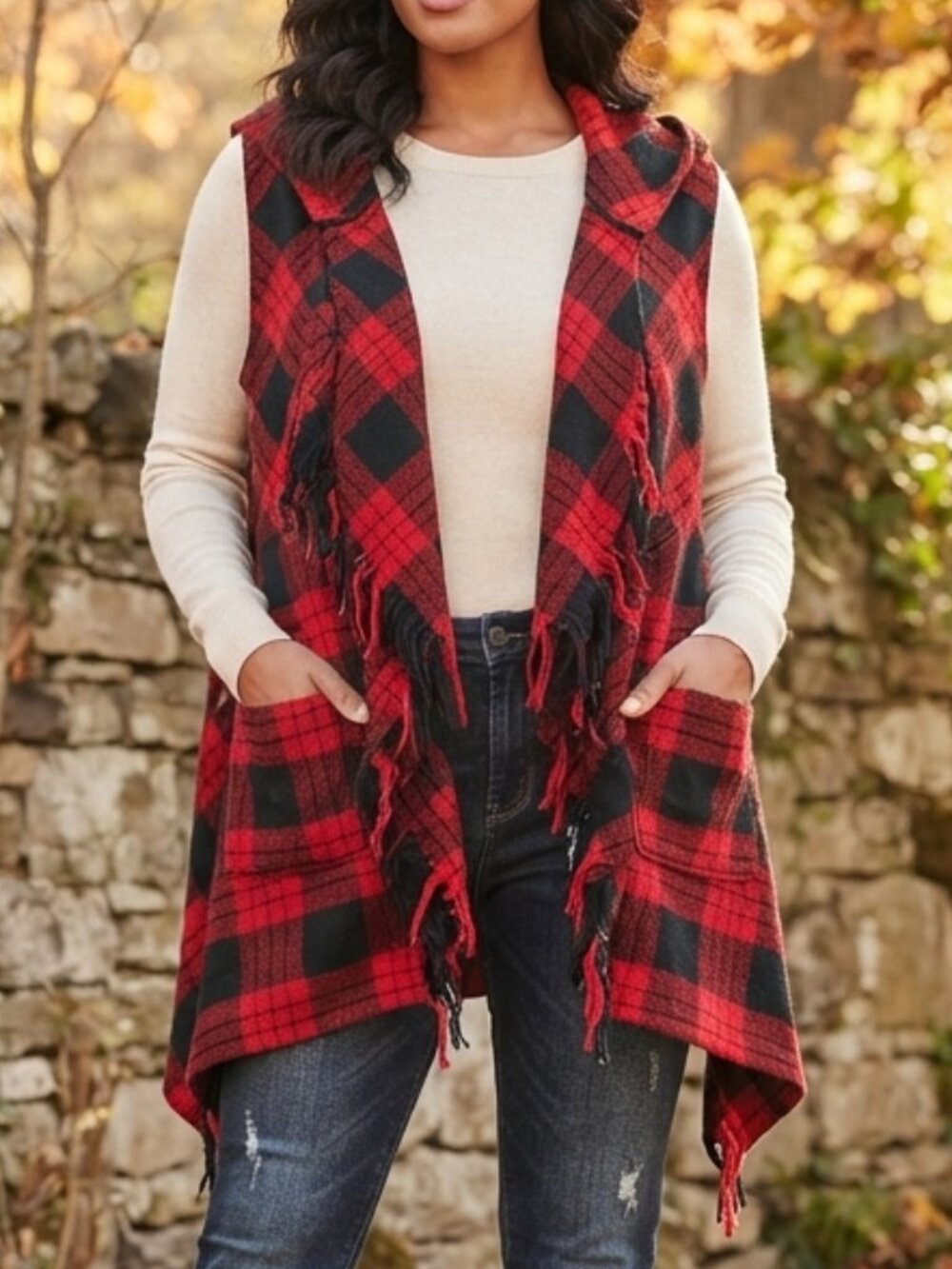 Rewind Plus Size 1X Red Buffalo Plaid Fringe Poncho Vest — Sleeveless Shawl Coll